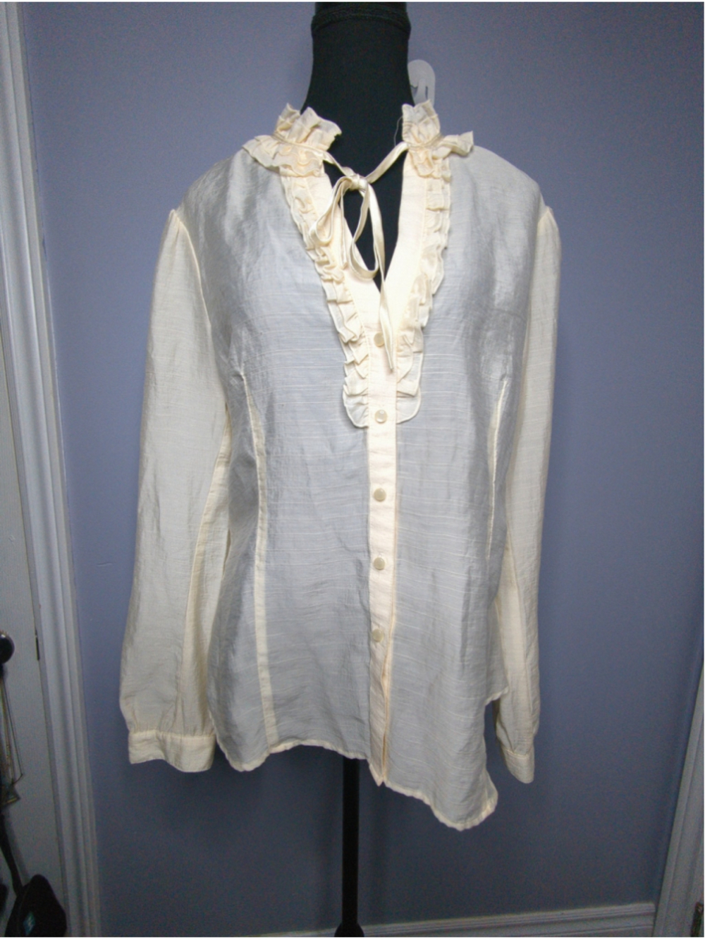 DKNY JEANS Vintage Y2K Ivory Sheer Ruffle Blouse Tencel Silk-Feel Top Size L